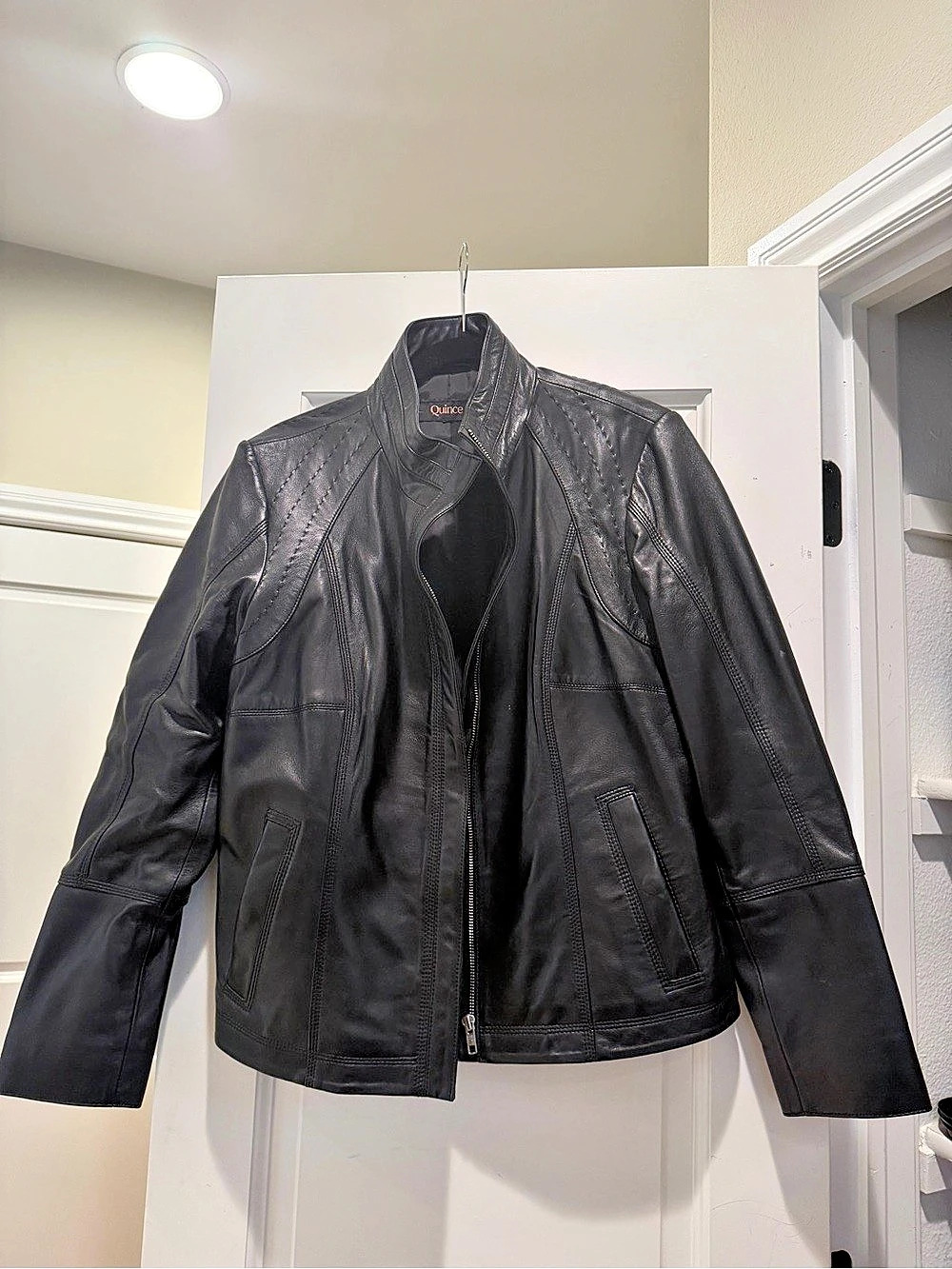 Quince 100% Leather Cropped Zip-Front Jacket Black